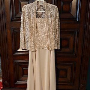 Karen Miller Lace Jacket with Matching Champagne Tea Length Mother Bride Dress
